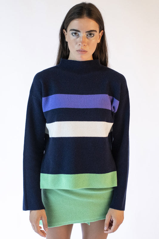 Blue striped sweater with Virginia crater neckline