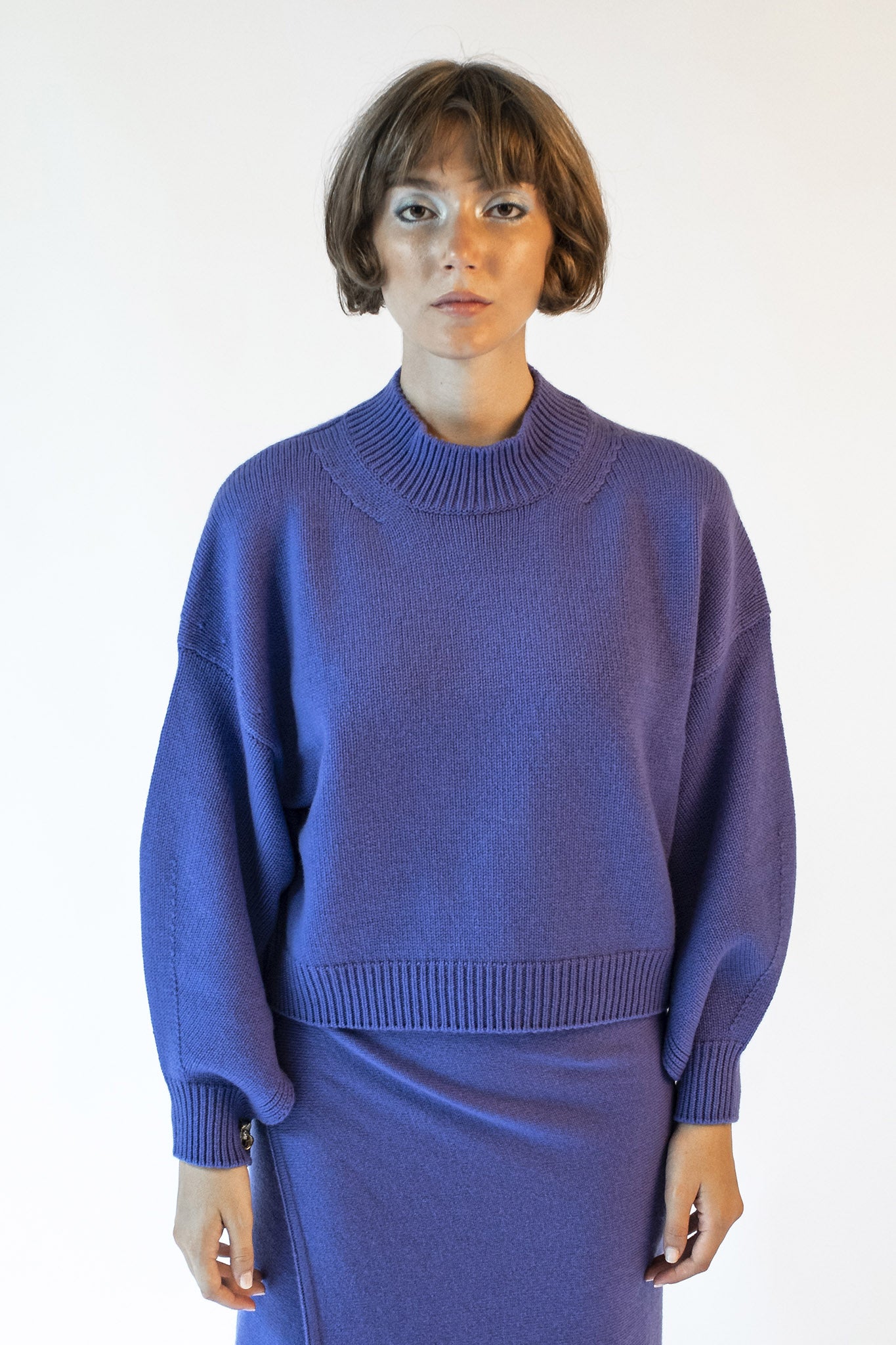 Purple turtleneck sweater with Isabella jewel buttons