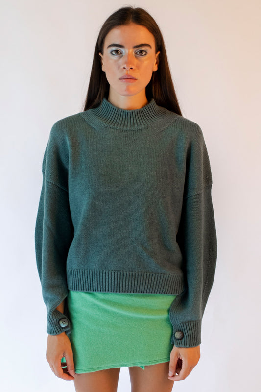 Sage mock neck sweater with Isabella jewel buttons